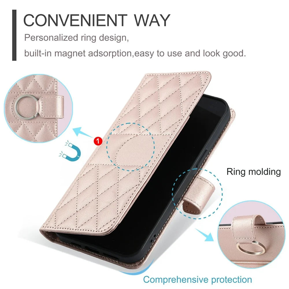 For iPhone 14 / 13 Crossbody Leather Case Ring Buckle Wallet Stand Rhombus Mobile Cover - Rose Gold - 7