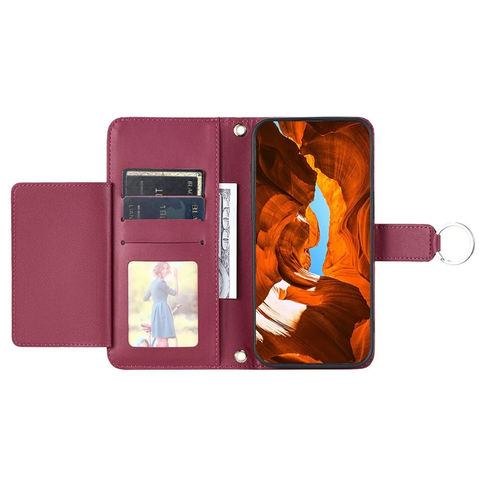 For iPhone 14 Pro Crossbody Leather Case Ring Buckle Wallet Stand Rhombus Mobile Cover - Red - 3
