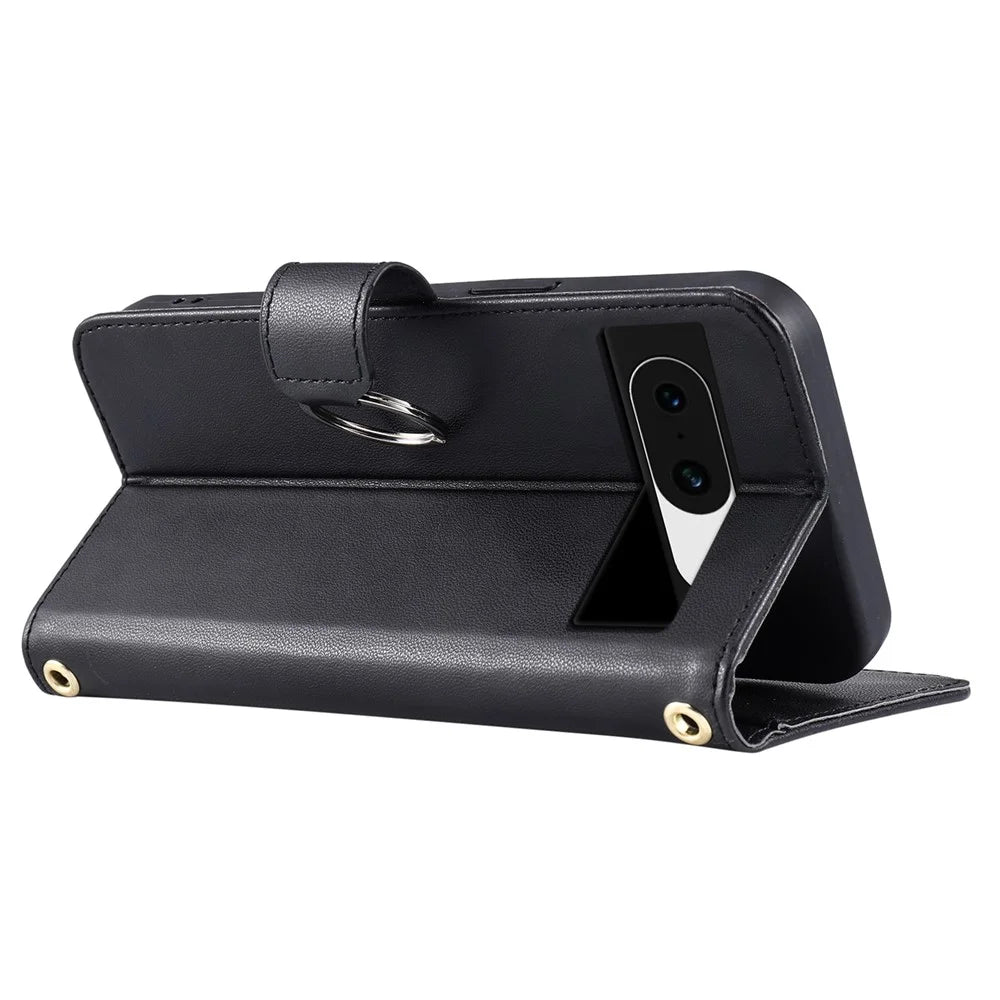 For Google Pixel 8 Crossbody Leather Case Ring Buckle Wallet Stand Rhombus Mobile Cover - Black - 4
