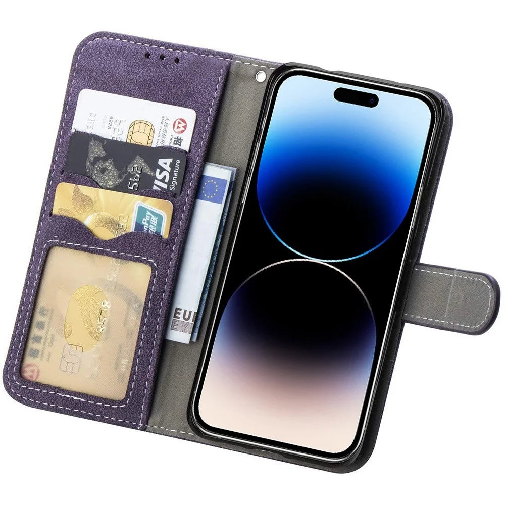 For iPhone 14 Pro Max Anti-scratch Phone Case Retro Texture PU Leather Rotating Card Slots Holder Stand Wallet Phone Cover - Purple - 2