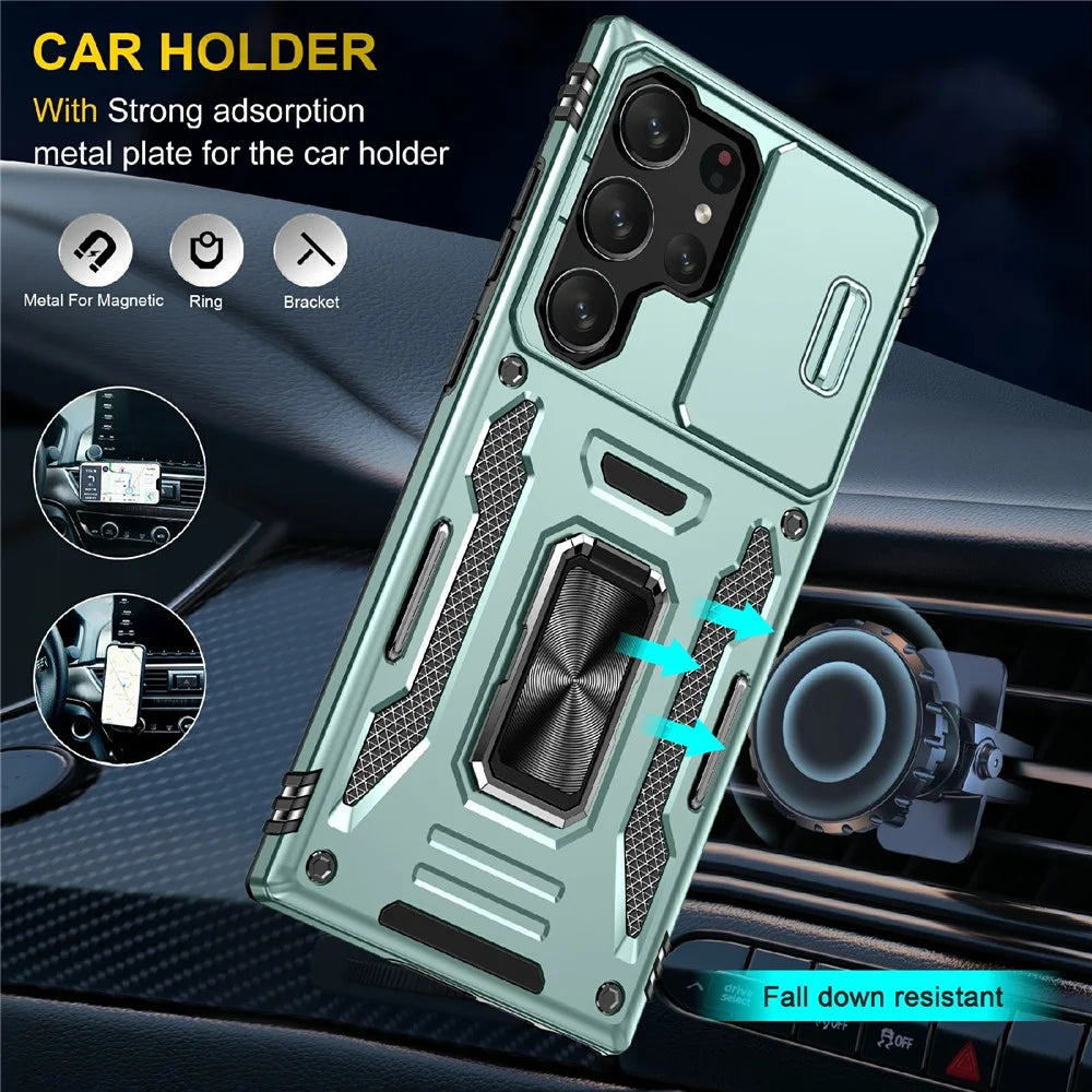 For Samsung Galaxy S25 Ultra Case Kickstand Slide Lens Lid PC+TPU Drop-Proof Phone Cover - Green - 3