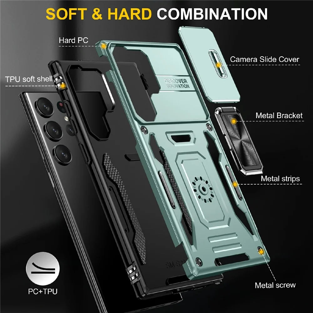 For Samsung Galaxy S25 Ultra Case Kickstand Slide Lens Lid PC+TPU Drop-Proof Phone Cover - Green - 4
