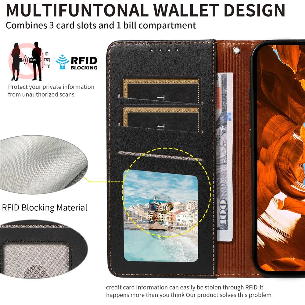 For Samsung Galaxy A36 5G Case RFID Blocking Leather Wallet Flip Phone Cover with Wrist Strap - Black - 4