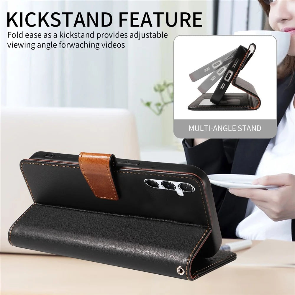 For Samsung Galaxy A36 5G Case RFID Blocking Leather Wallet Flip Phone Cover with Wrist Strap - Black - 5