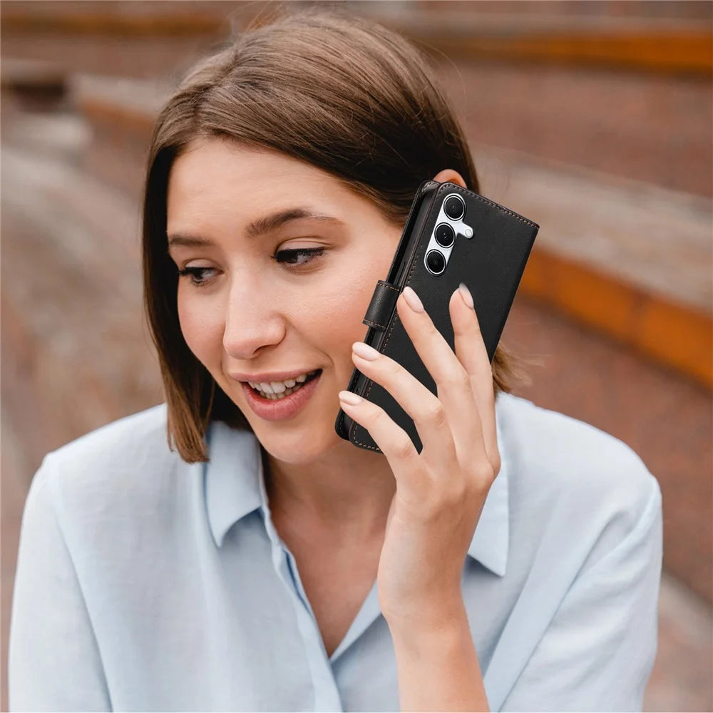 For Samsung Galaxy A36 5G Case RFID Blocking Leather Wallet Flip Phone Cover with Wrist Strap - Black - 6