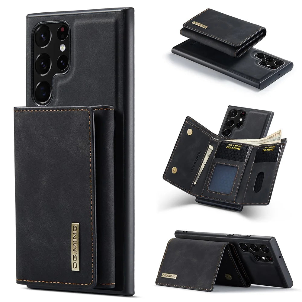 DG.MING M1 Series for Samsung Galaxy S25 Ultra Case Kickstand PU Phone Cover with Detachable Wallet - Black - 1