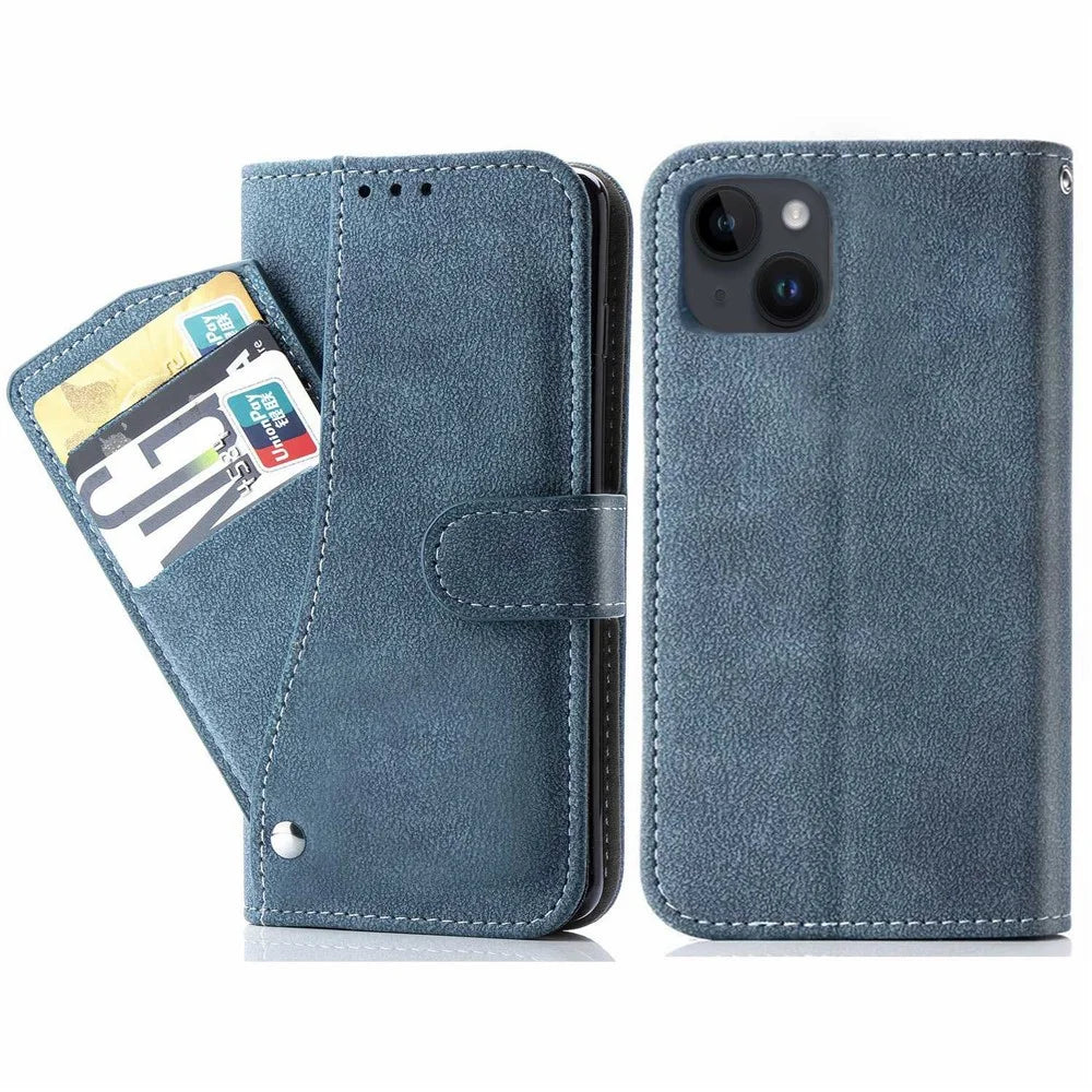 Retro PU Leather Phone Case for iPhone 14, Rotating Card Slots Holder Stand Wallet Phone Cover - Blue - 1