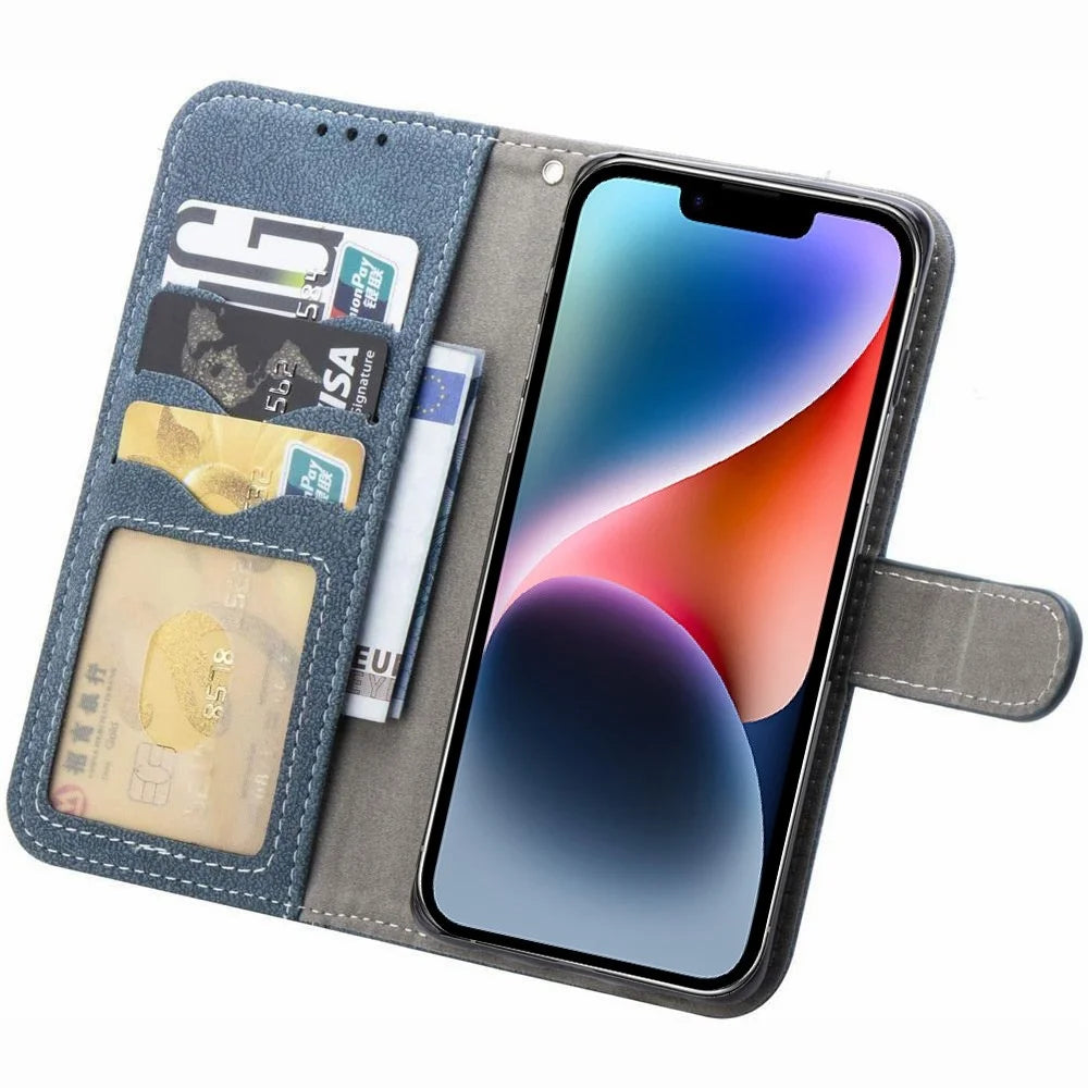 Retro PU Leather Phone Case for iPhone 14, Rotating Card Slots Holder Stand Wallet Phone Cover - Blue - 2