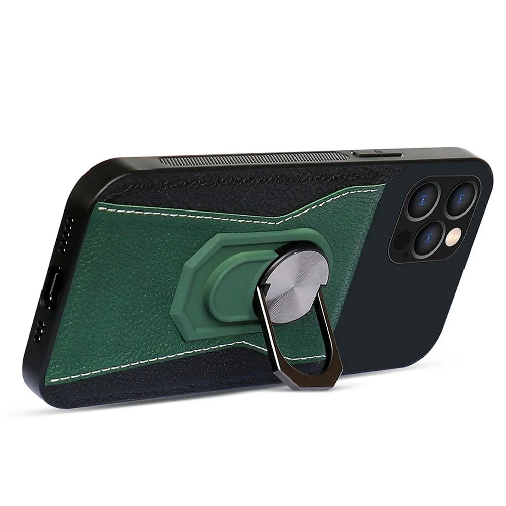 For iPhone 13 Pro 6.1 inch Ring Holder Kickstand Phone Cover Bi-color Litchi Texture PU Leather+Hard PC+TPU Phone Case - Green - 2