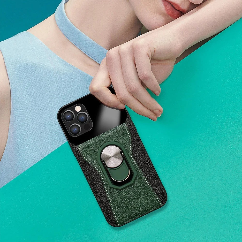For iPhone 13 Pro 6.1 inch Ring Holder Kickstand Phone Cover Bi-color Litchi Texture PU Leather+Hard PC+TPU Phone Case - Green - 3