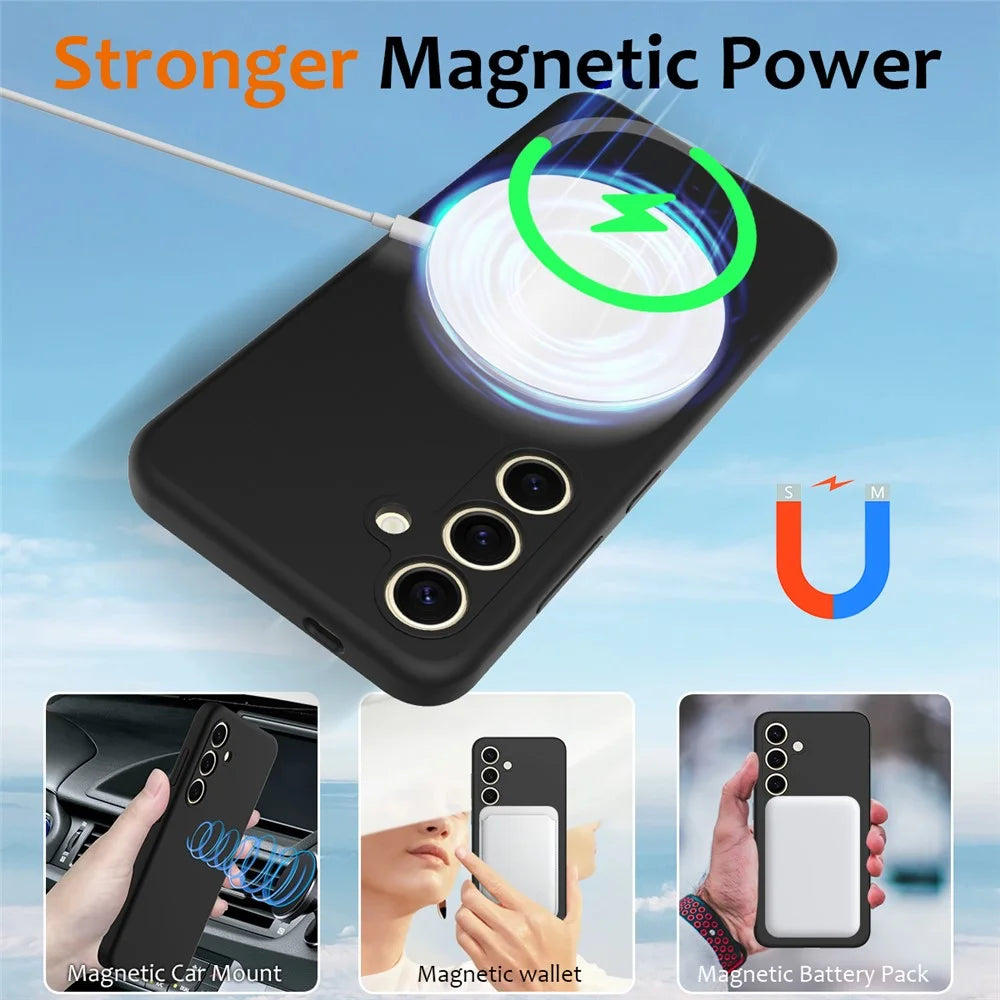 For Samsung Galaxy S24+ Magnetic Case Anti-Drop Liquid Silicone Phone Cover - Black - 3