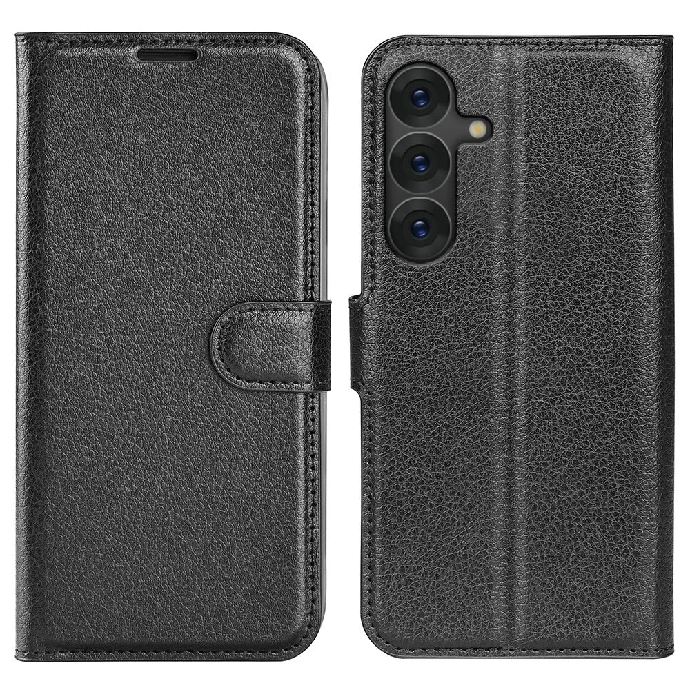 For Samsung Galaxy S25 Case Litchi Texture Shockproof Leather Wallet Phone Cover - Black - 1