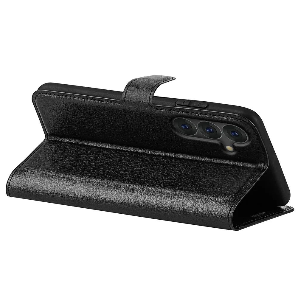 For Samsung Galaxy S25 Case Litchi Texture Shockproof Leather Wallet Phone Cover - Black - 4
