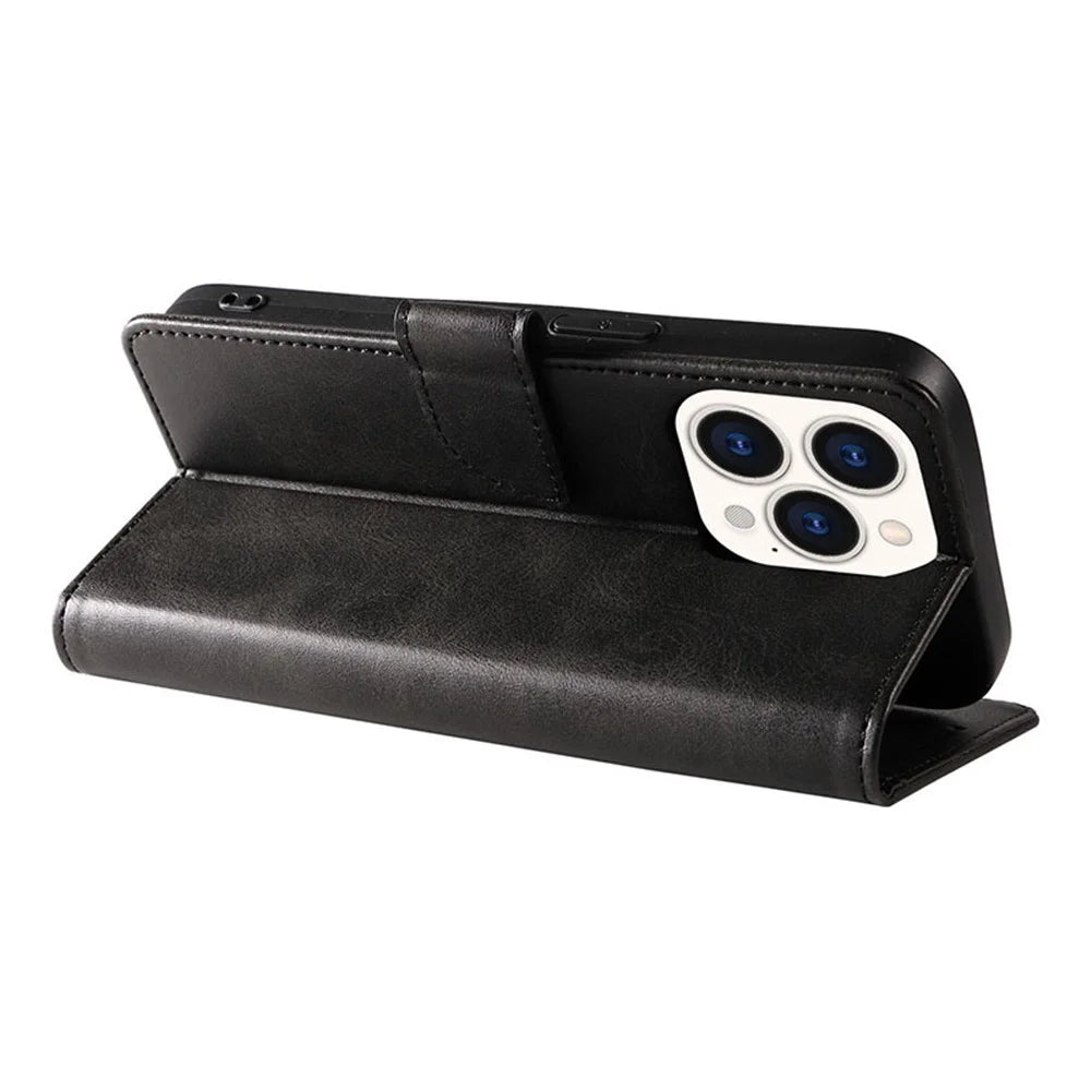 For iPhone 16 Pro Case Calf Texture Magnetic Clasp Wallet PU Leather Phone Cover - Black - 4