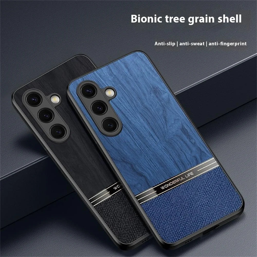For Samsung Galaxy S25 Case Wood Texture Leather Coated TPU Phone Protective Cover - Black - 3