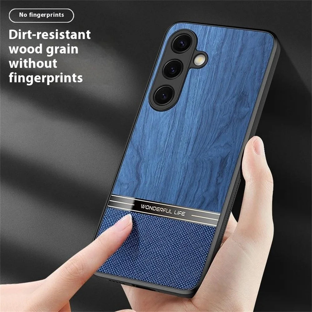 For Samsung Galaxy S25 Case Wood Texture Leather Coated TPU Phone Protective Cover - Black - 6