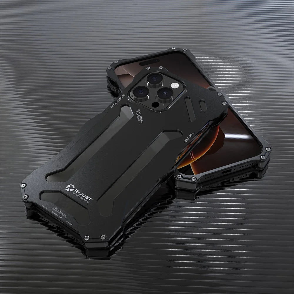 R-JUST For iPhone 16 Pro Case Aluminum Alloy Mechanical Armor Hollow Phone Back Cover - Black - 6