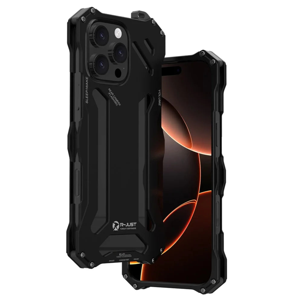 R-JUST For iPhone 16 Pro Max Case Aluminum Alloy Mechanical Armor Hollow Phone Back Cover - Black - 1