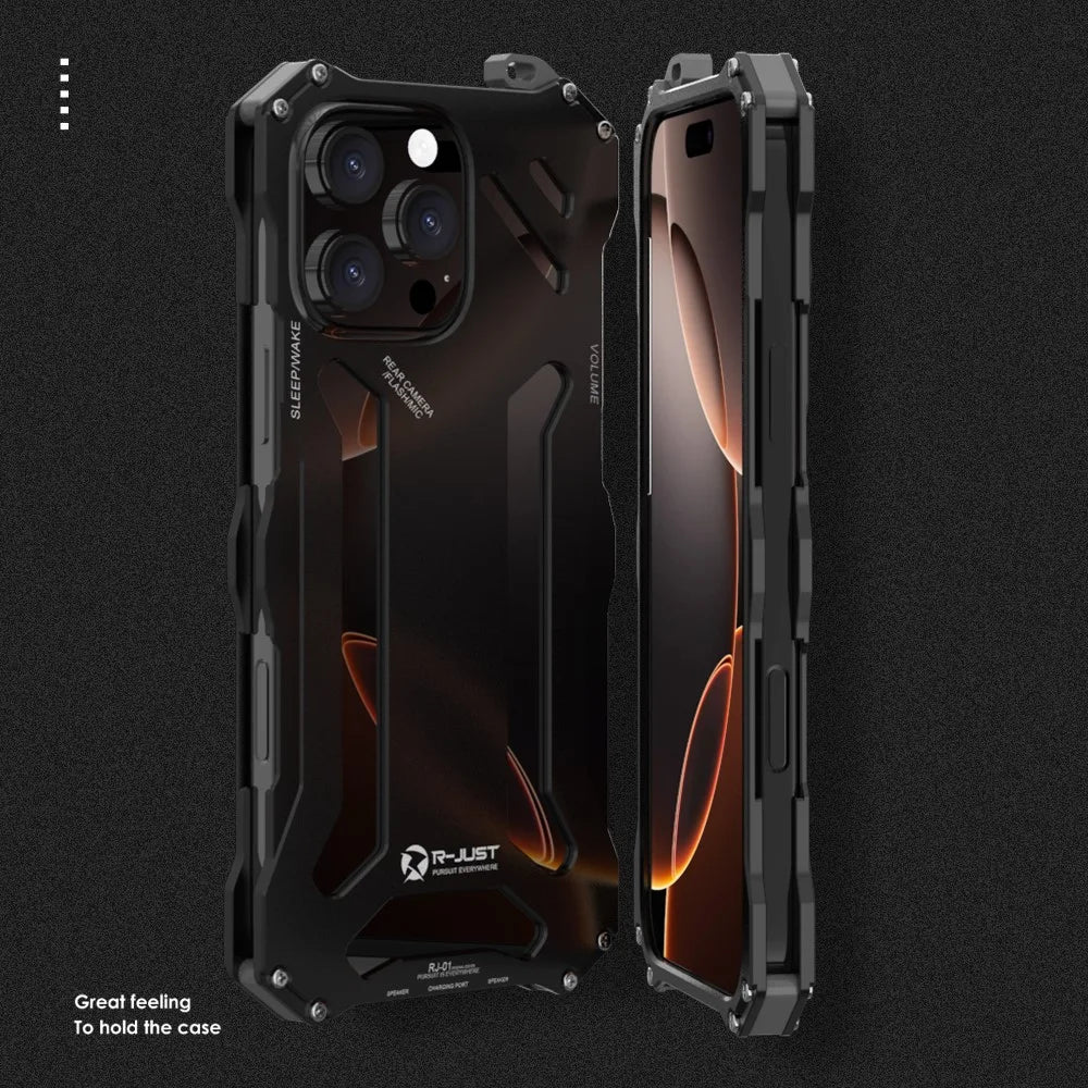 R-JUST For iPhone 16 Pro Max Case Aluminum Alloy Mechanical Armor Hollow Phone Back Cover - Black - 3