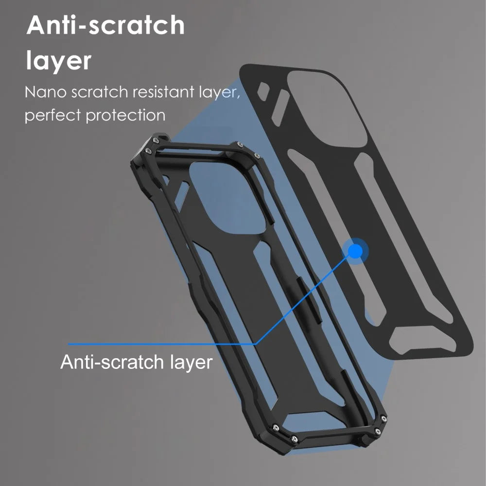 R-JUST For iPhone 16 Pro Max Case Aluminum Alloy Mechanical Armor Hollow Phone Back Cover - Black - 5