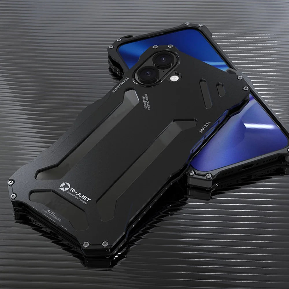 R-JUST For iPhone 16 Plus Case Aluminum Alloy Mechanical Armor Hollow Phone Back Cover - Black - 3