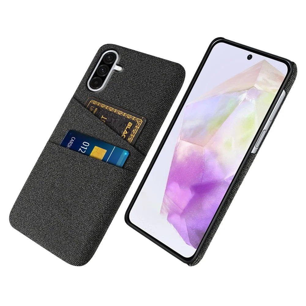 For Samsung Galaxy A36 5G Case Cloth + Hard PC Phone Cover with Dual Card Slots - Black - 1