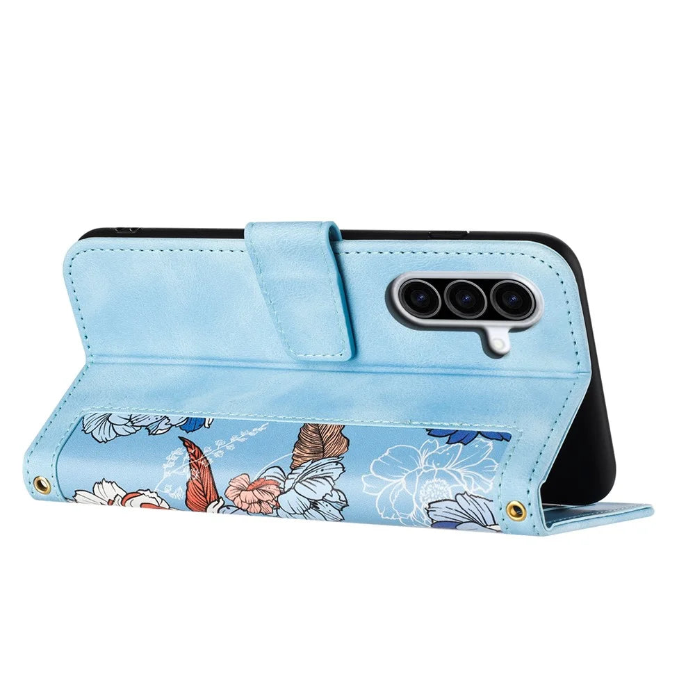 For Samsung Galaxy A36 5G Case PU Leather Floral Phone Cover with Card Slots - Baby Blue - 4
