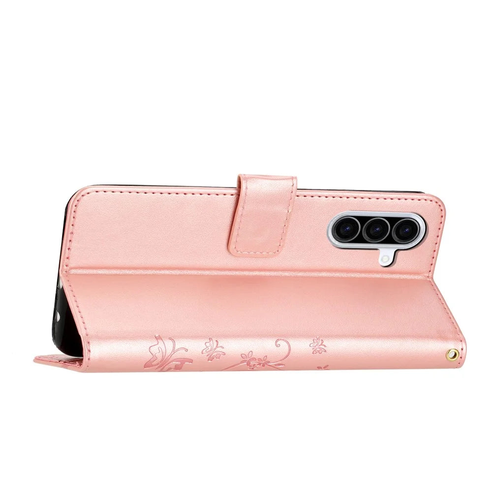 For Samsung Galaxy A36 5G Leather Wallet Case Butterfly Flower Imprinted Phone Cover with Strap - Rose Gold - 4