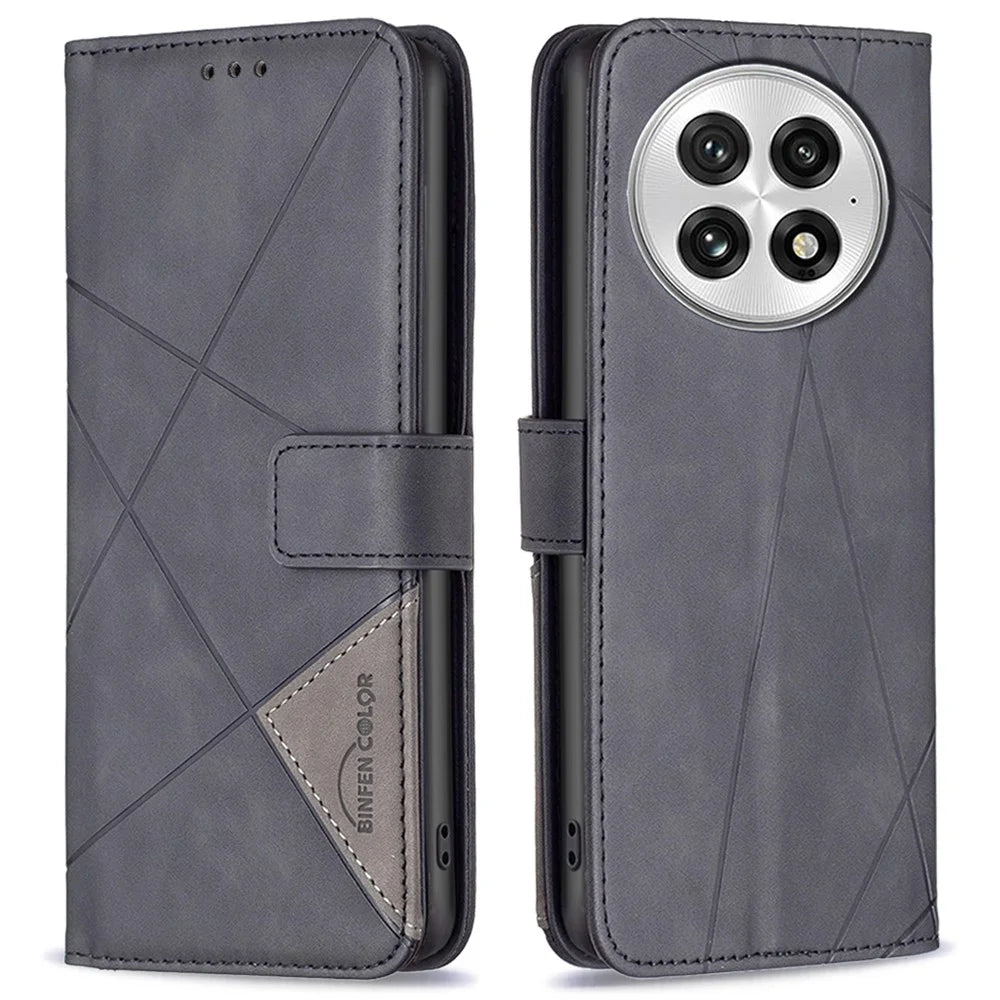 BINFEN COLOR For OnePlus 13 Phone Cases Wallet Stand Geometry Imprint Leather Cover - Black - 1