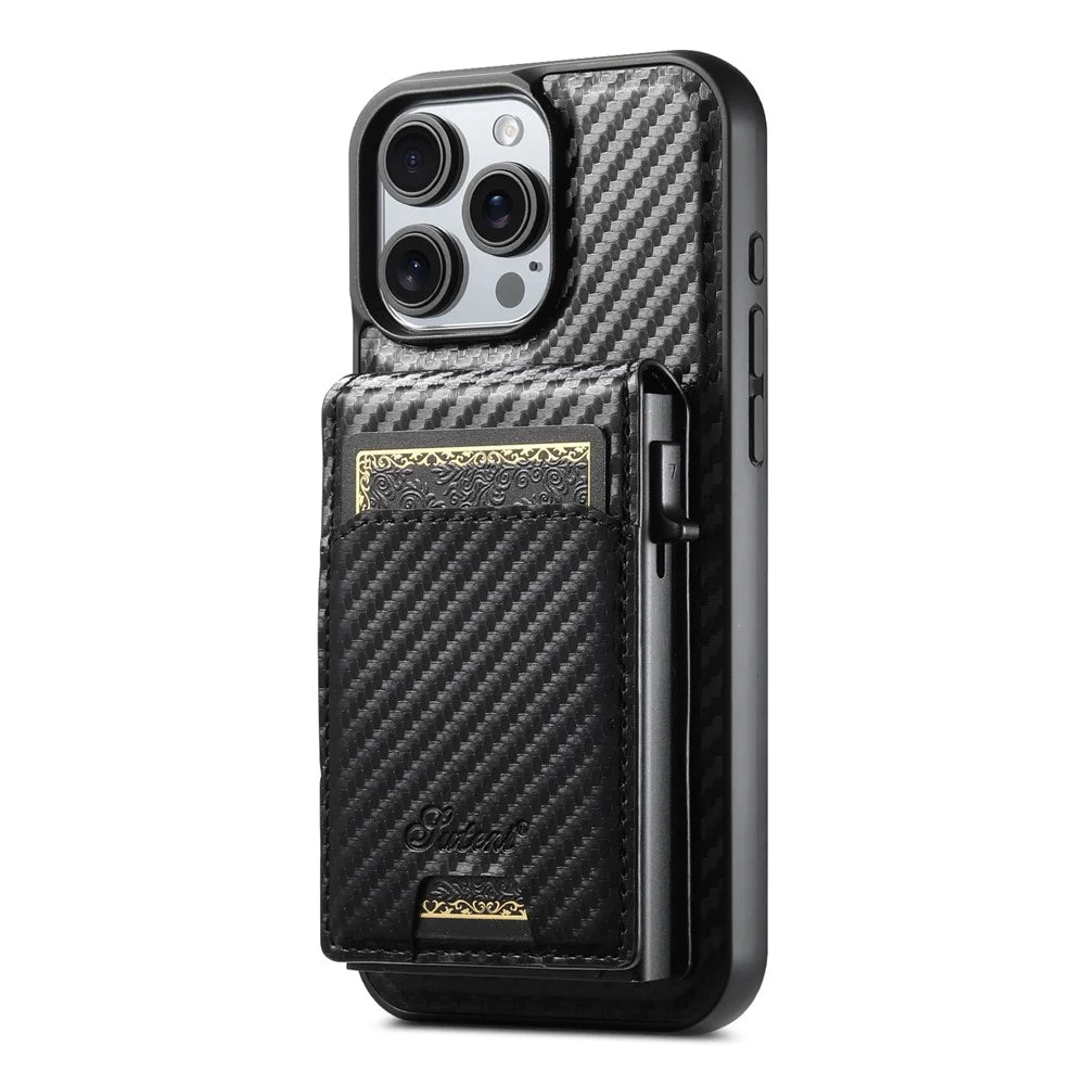 SUTENI H19 For iPhone 16 Pro Max Magnetic Case Carbon Fiber Texture Leather Back Cover with Card Bag - 2