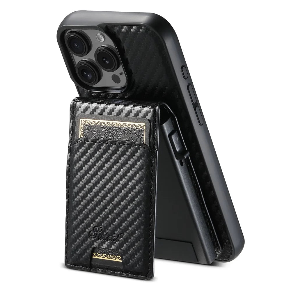 SUTENI H19 For iPhone 16 Pro Magnetic Case Carbon Fiber Texture Leather Back Cover with Card Bag - 1