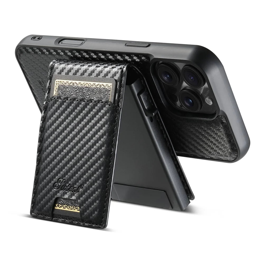 SUTENI H19 For iPhone 16 Pro Magnetic Case Carbon Fiber Texture Leather Back Cover with Card Bag - 5
