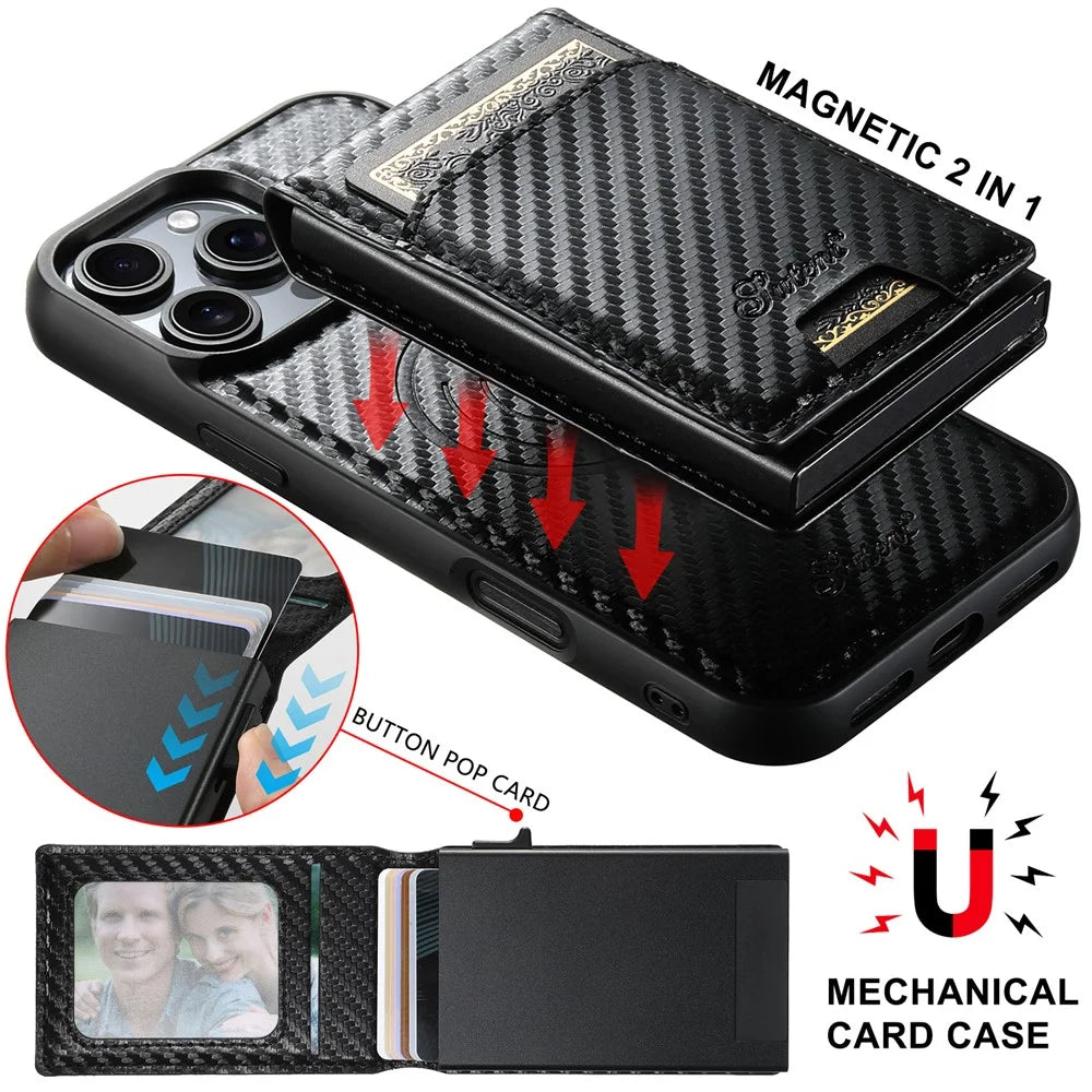 SUTENI H19 For iPhone 16 Pro Magnetic Case Carbon Fiber Texture Leather Back Cover with Card Bag - 7