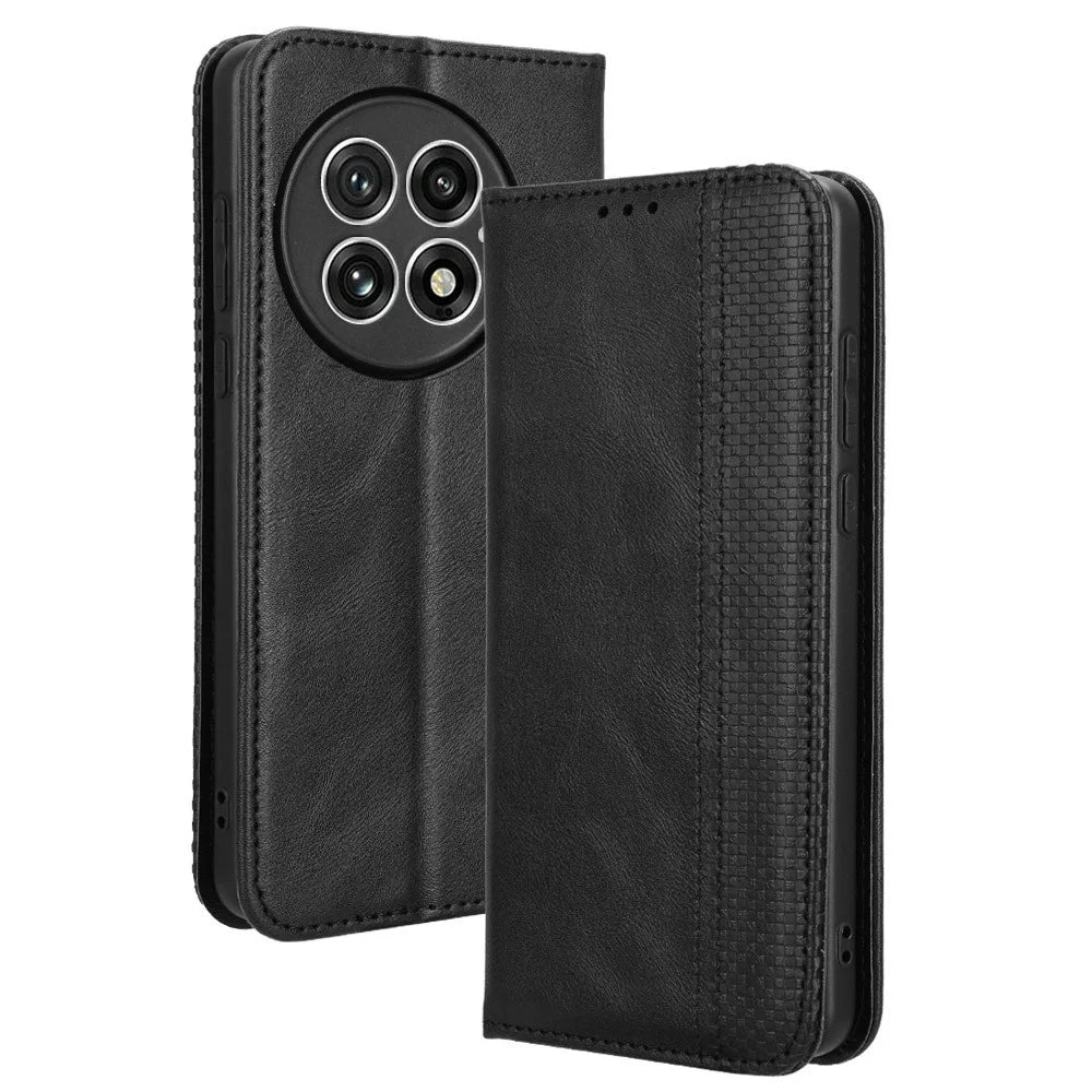 For OnePlus 13 Leather Case Wallet Stand Retro Texture Phone Cover - Black - 1
