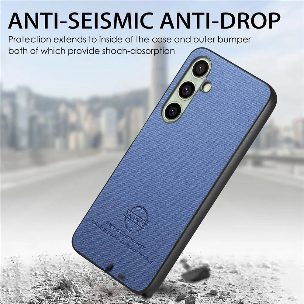 For Samsung Galaxy S24 FE Case Cloth Texture Leather+PC+TPU Anti-Drop Phone Cover - Blue - 6