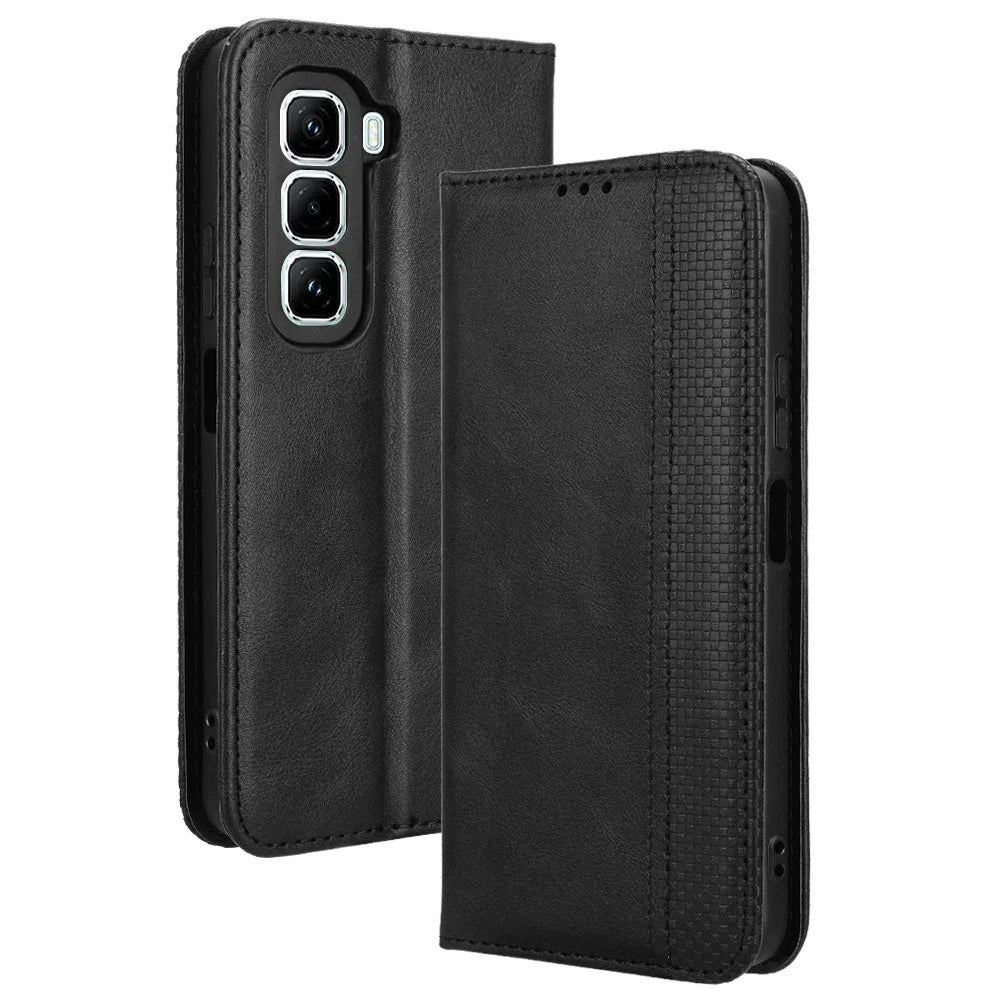 For Infinix Hot 50 Pro+ 4G X6880 Leather Case Wallet Stand Retro Texture Phone Cover - Black - 1