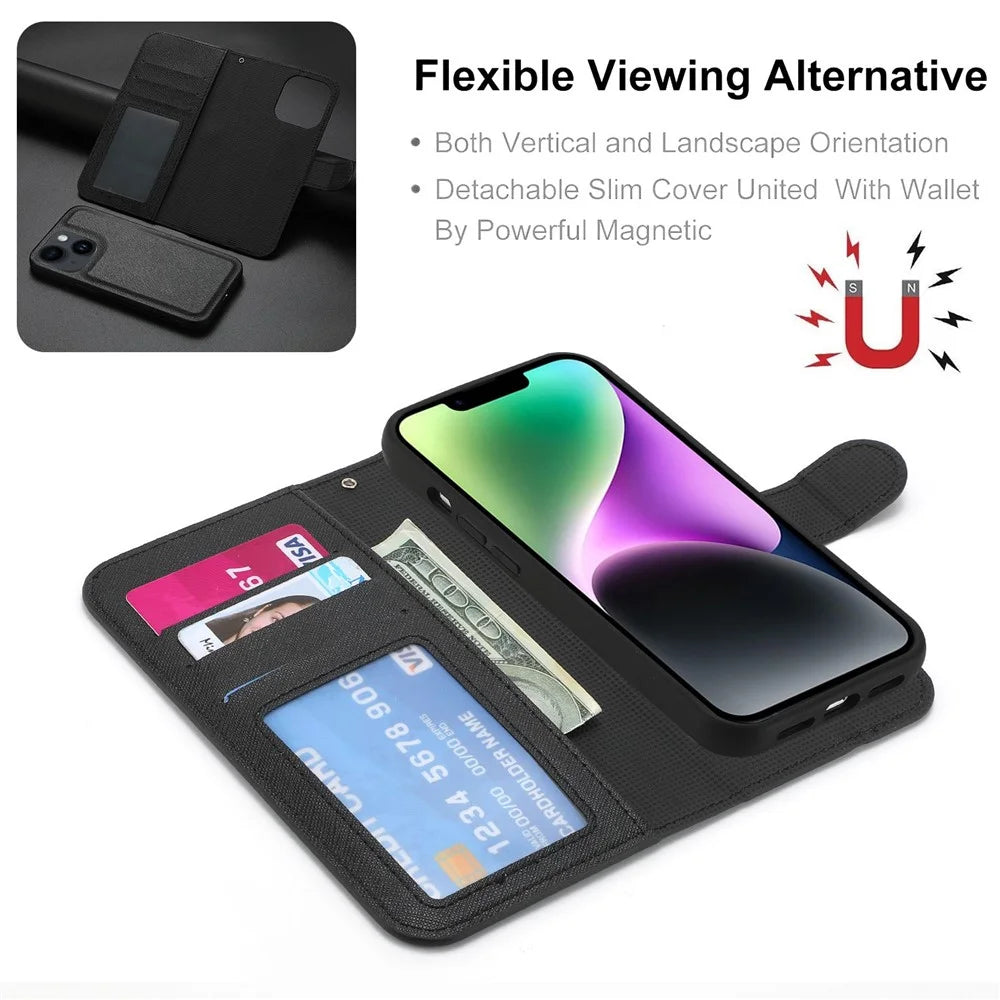 For iPhone 14 Cross Texture Wallet Stand Leather Protective Cover Detachable TPU Back Case - Black - 6