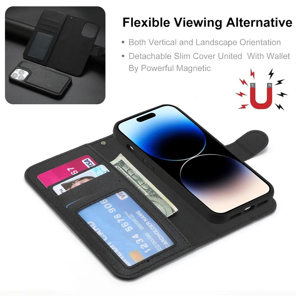 For iPhone 14 Pro Max Cross Texture Flodable Stand Leather Wallet Cover Detachable TPU Protective Case - Black - 3
