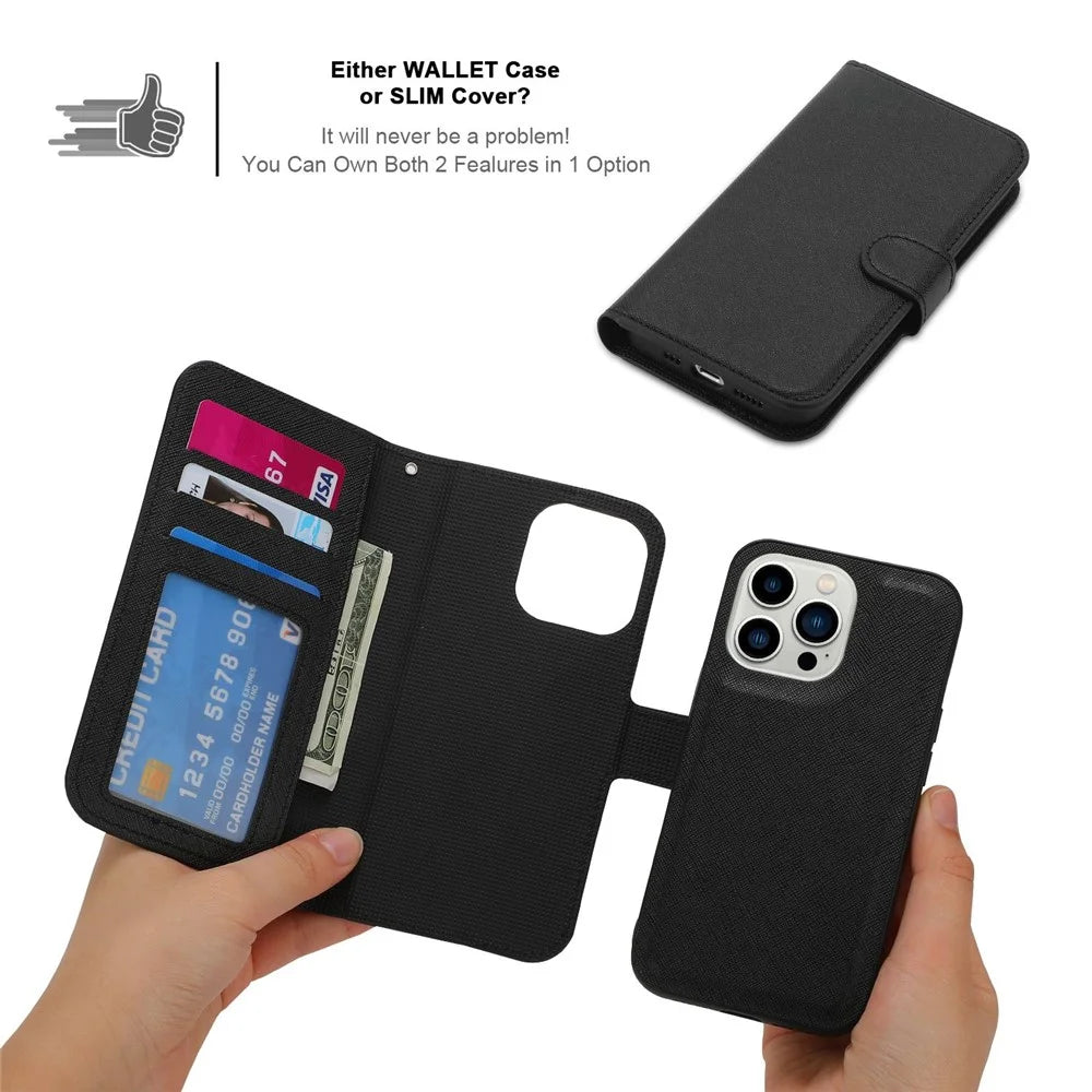 For iPhone 14 Pro Max Cross Texture Flodable Stand Leather Wallet Cover Detachable TPU Protective Case - Black - 5