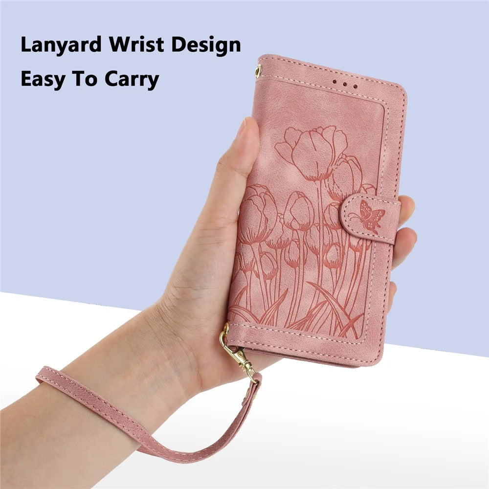 For Samsung Galaxy A05 4G Case Tulip Leather Phone Cover with 5 Card Slots Wallet - Pink - 6