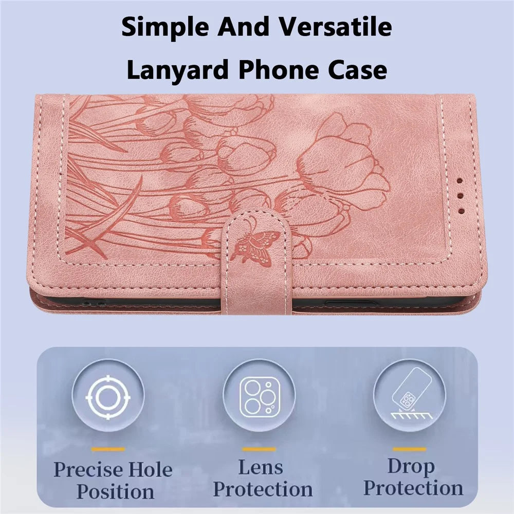 For Samsung Galaxy A05s 4G Case Tulip Leather Phone Cover with 5 Card Slots Wallet - Pink - 7