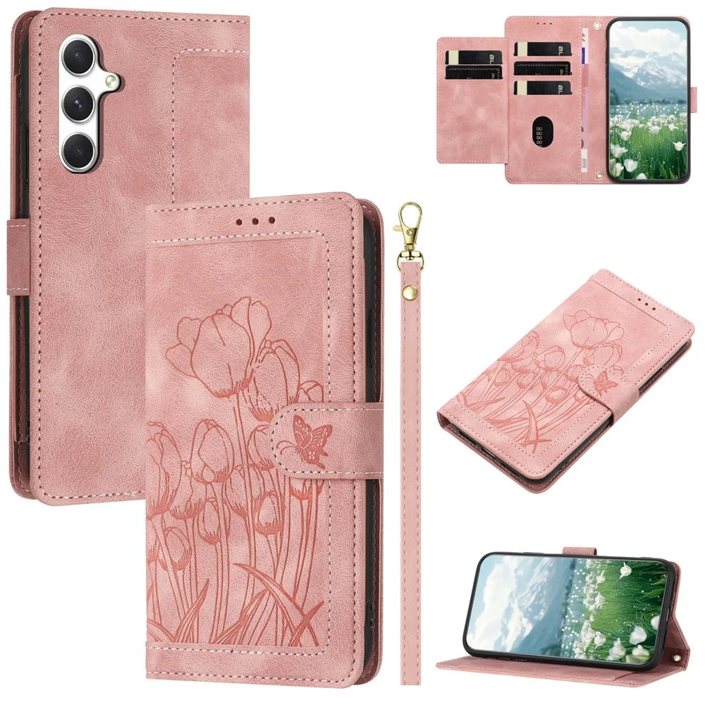 For Samsung Galaxy A15 4G Case Tulip Leather Phone Cover with 5 Card Slots Wallet - Pink - 1