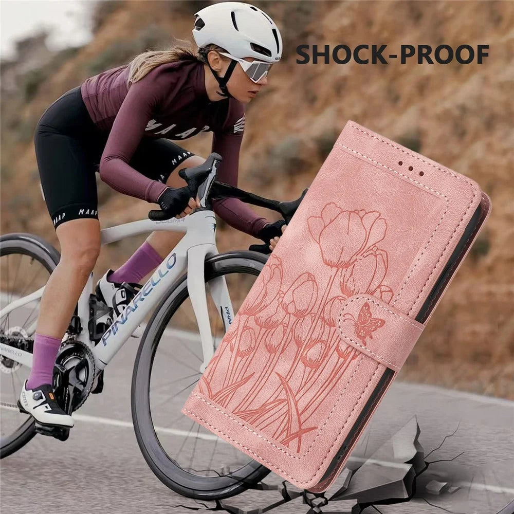 For Samsung Galaxy A15 4G Case Tulip Leather Phone Cover with 5 Card Slots Wallet - Pink - 5