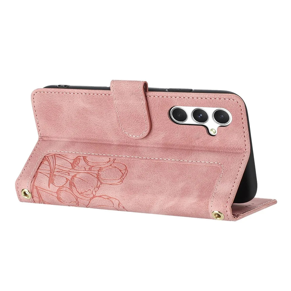 For Samsung Galaxy A35 5G Case Tulip Leather Phone Cover with 5 Card Slots Wallet - Pink - 2
