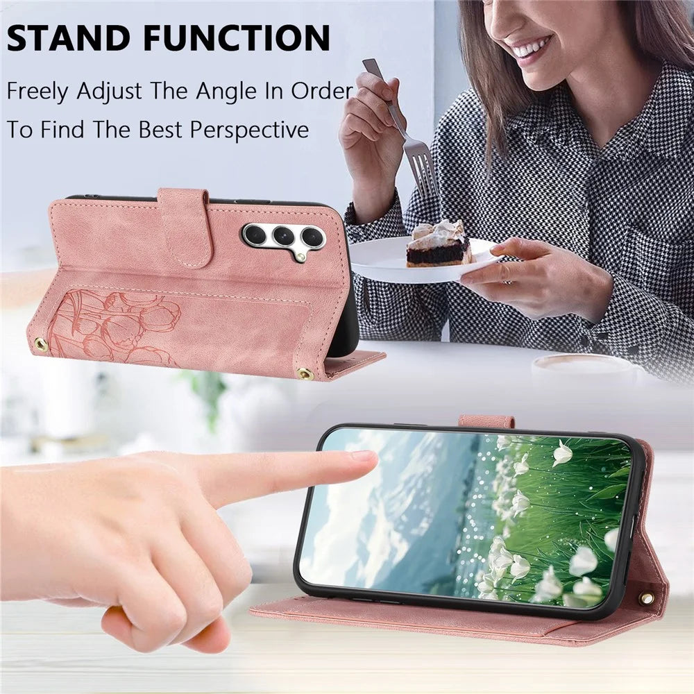 For Samsung Galaxy A35 5G Case Tulip Leather Phone Cover with 5 Card Slots Wallet - Pink - 4