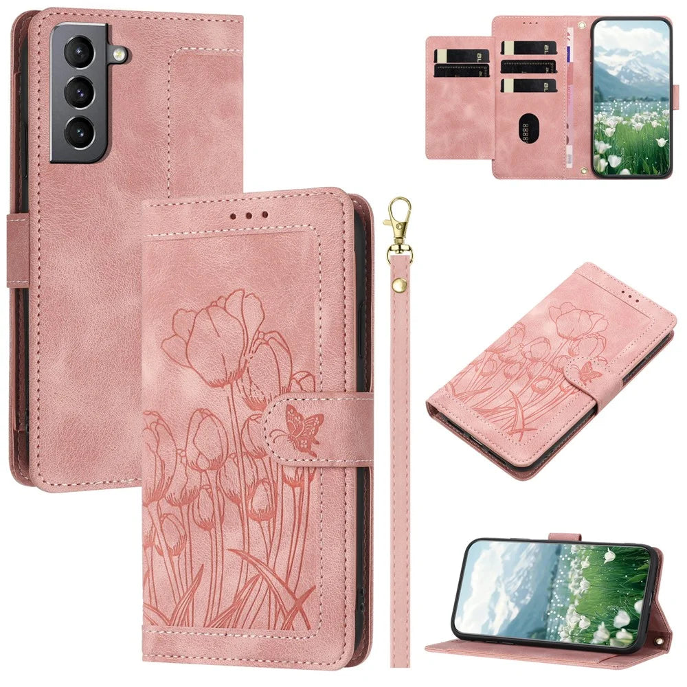 For Samsung Galaxy S22 5G Case Tulip Leather Phone Cover with 5 Card Slots Wallet - Pink - 1