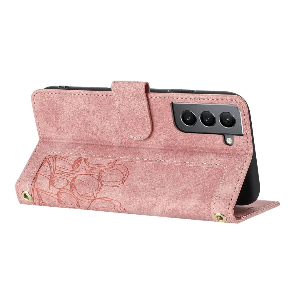 For Samsung Galaxy S22 5G Case Tulip Leather Phone Cover with 5 Card Slots Wallet - Pink - 2