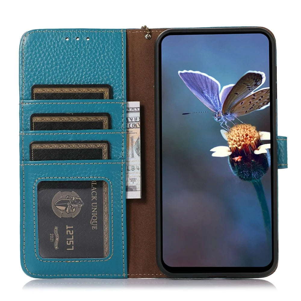 For OnePlus 13 Case RFID Blocking Genuine Cow Leather Phone Cover Litchi Texture - Blue - 2