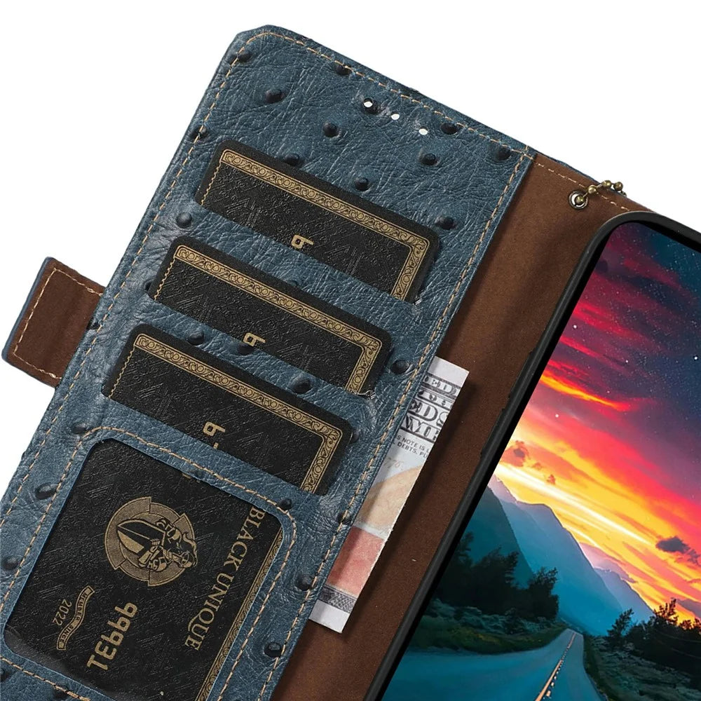 For Google Pixel 9a Case RFID Blocking Genuine Cow Leather Phone Case Ostrich Texture - Blue - 5