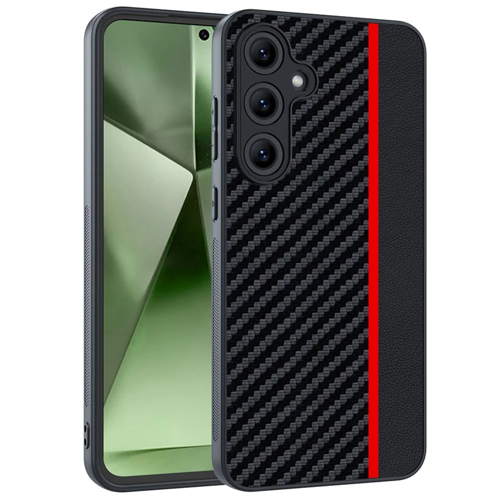 For Samsung Galaxy S24 FE Case Leather+PC Hard Phone Cover Carbon Fiber Texture - Black / Red - 1
